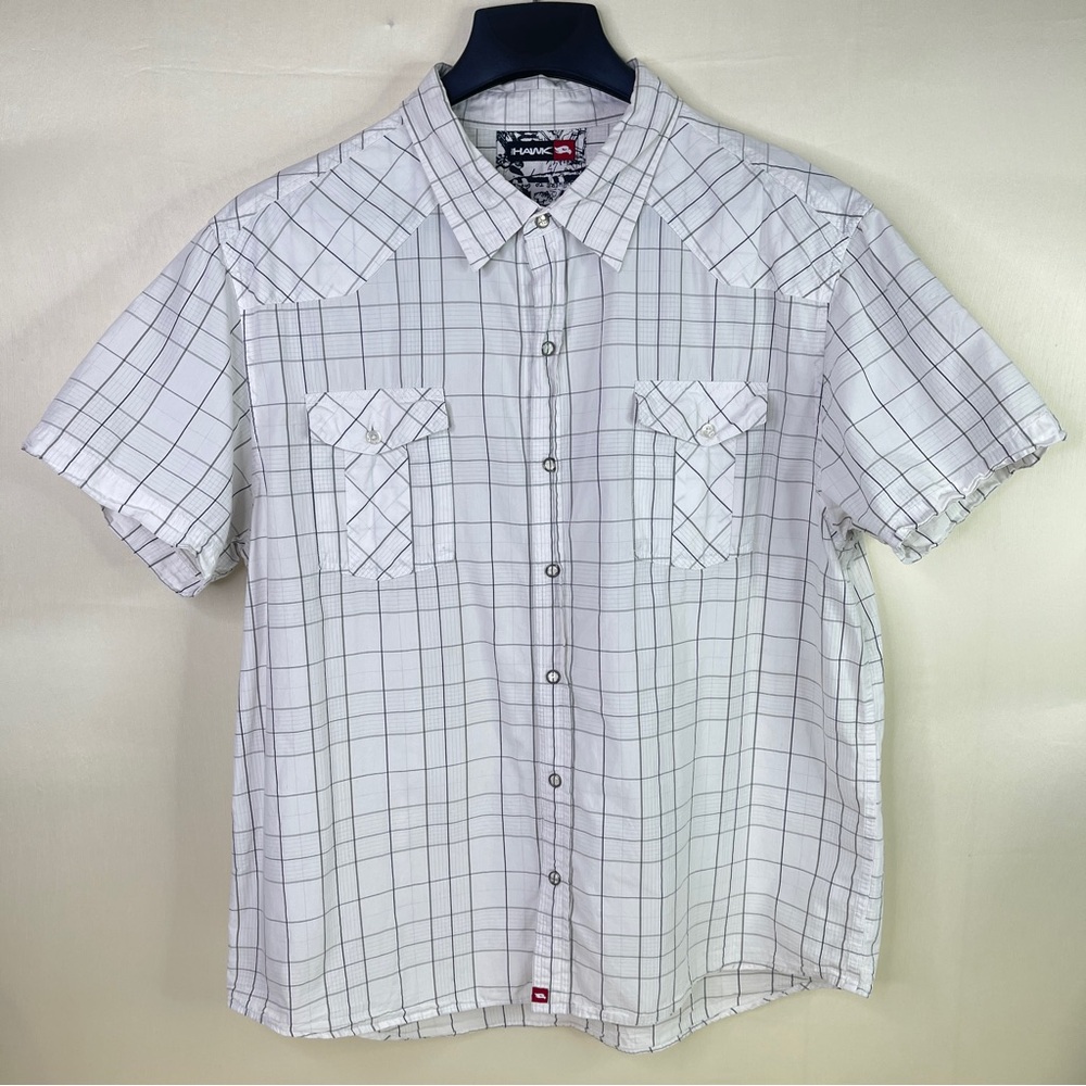 Tony Hawk Grid Print Short Sleeve Cotton Button Down Shirt White Men's XXL